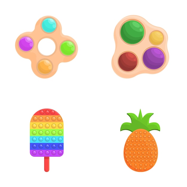 Vector popit iconos conjunto de vector de dibujos animados pop it juguete de varias formas y colores