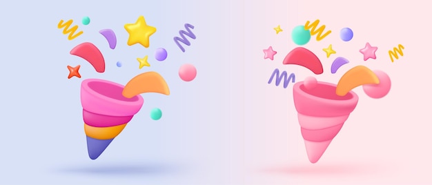 Poppers de fiesta 3d con confeti volador El petardo explota con una cinta explota para la fiesta de cumpleaños del ganador sorpresa y el aniversario con cono popper 3d confetti bang icon vector render illustration
