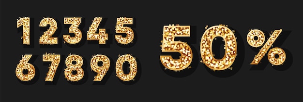 Porcentajes de números brillantes y de joyería para el diseño de venta fuente metálica dorada y signo para promoción