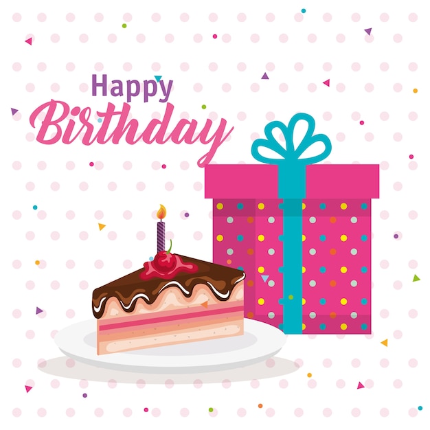 porción de pastel de feliz cumpleaños con regalos