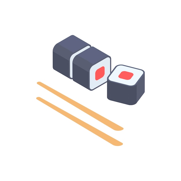 Porción de sushi con palos de madera ilustración vectorial isométrica Menú tradicional asiático delicioso de comida enrollada con pescado crudo fresco y arroz aislado Entrega gourmet de comida de mariscos saludables
