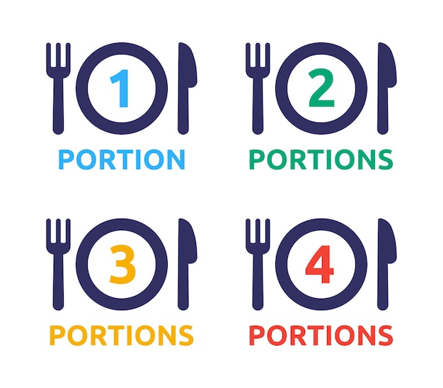 Porciones que sirven conjunto de vectores. símbolo de la cantidad de comida para las proporciones del plato.