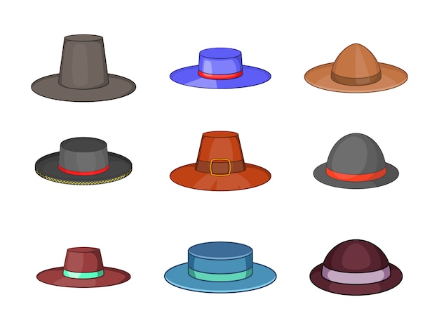 Porkpie sombrero conjunto de elementos. conjunto de dibujos animados de elementos de vector de sombrero de porkpie