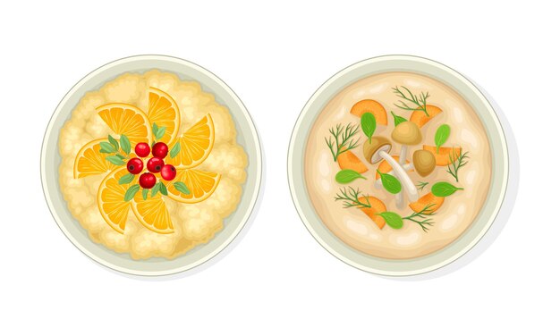 Porridge con naranja cortada y sopa cremosa de hongos como plato vegetariano arriba Vea el conjunto vectorial