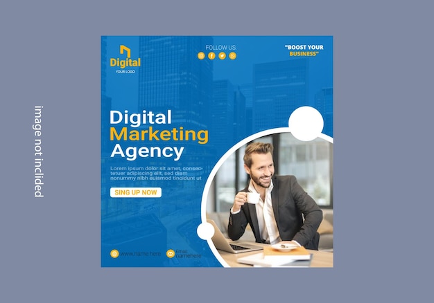 Una portada azul y blanca para la agencia de marketing digital.