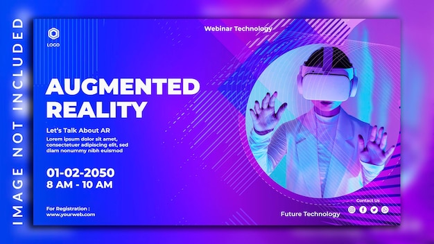 Portada de facebook de metaverso futurista de neón realista para conferencia de seminario web diseño de banner de realidad aumentada con una foto de niña