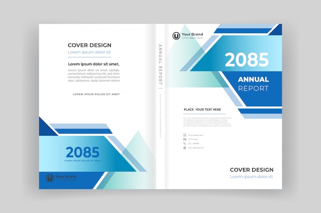 Portada del libro y contraportada para el informe anual con diseño de formas geométricas
