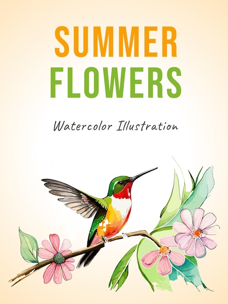 Vector una portada de libro para flores de verano con un colibrí en la portada.