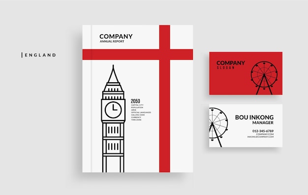Portada del libro del informe anual de Inglaterra y diseño mínimo de la tarjeta de visita