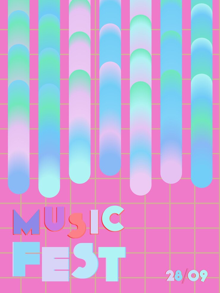 Vector portada musical en colores rosa, azul, cian y verde. folleto del concierto escolar. folleto de línea mínima. disposición de amplitud. degradado abstracto de verano. anuncios de fiestas en los medios. plantilla de onda vintage.