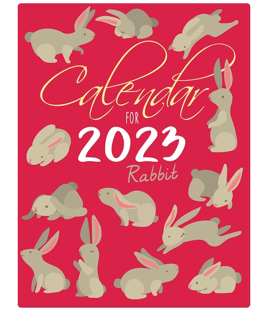 La portada y plantilla del calendario 2023 con conejos en el color del año 2023