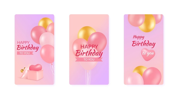 Portadas de cumpleaños de aniversario 3D Fiesta navideña renderizar pancartas con globos y cajas de regalo Feliz celebración presente Conjunto de tarjetas de felicitación Felicitaciones festivas Fondo de diseño vectorial