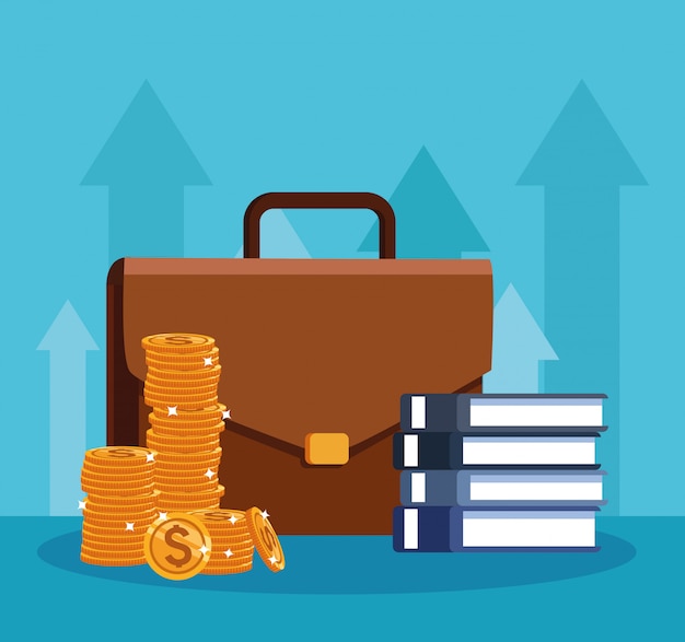Portafolio de negocios con libros y monedas de dinero