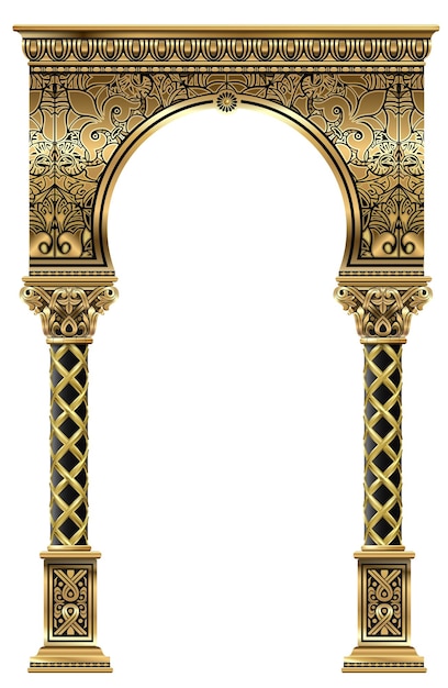 Portal de arco clásico de lujo dorado con columnas