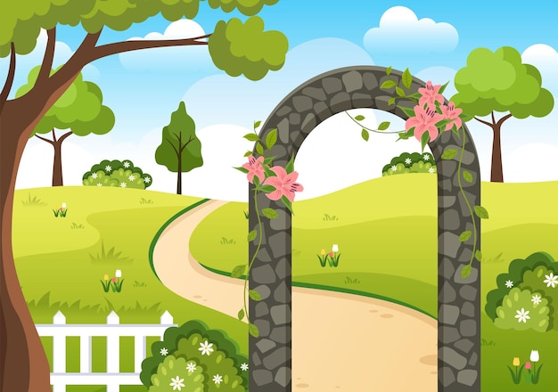 Vector portal con entrada de arco de piedra de paisaje de verano a parque público o jardín en ilustración dibujada a mano