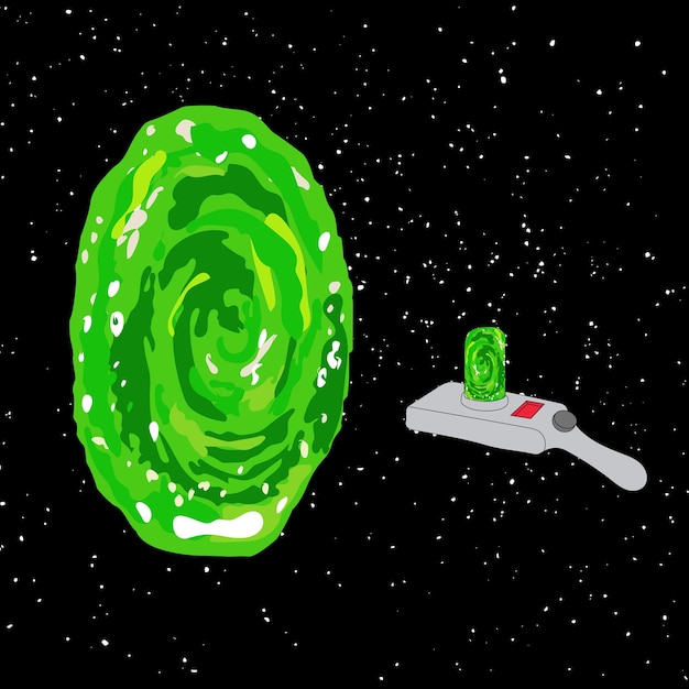 Portal en el espacio a otros universos con un arma intergaláctica, sobre fondo negro aislado, vector