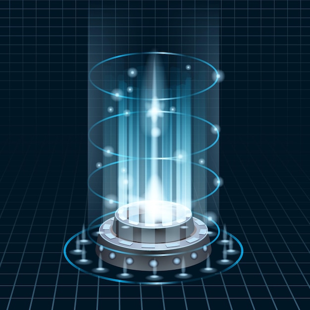 Portal futurista skyfi círculo digital ciencia túnel de teletransporte con rayos de luz y podio resplandeciente