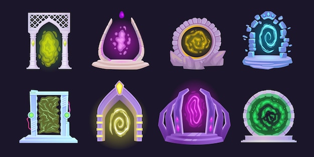 Portales de dibujos animados teletransporte mágico energía brillante puerta de roca en el mundo misterioso dimensión espacial puerta mago arco de piedra fantasía entrada brillante juego ui ingeniosa ilustración vectorial