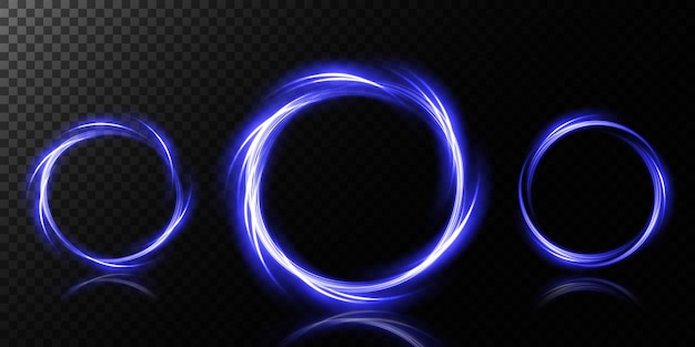 Portales mágicos en la escena nocturna hologramas redondos azules con rayos de luz y destellos túnel de teletransporte futurista brillante con espacio de copia sobre fondo negro