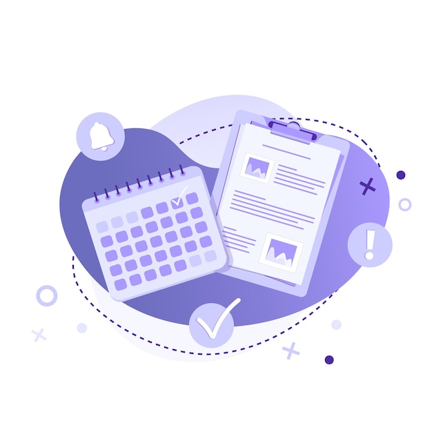 Portapapeles y calendario para trabajo de oficina, planificación, gestión del tiempo y concepto de educación en línea