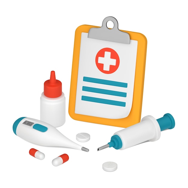 Un portapapeles con una Cruz Roja Equipo médico termómetro jeringa pastillas cápsulas ilustración vectorial 3D aislada sobre fondo blanco