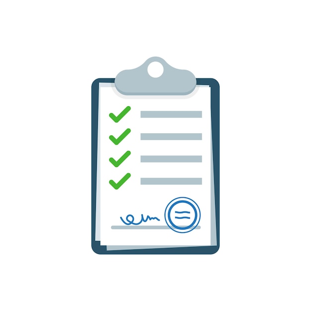 Portapapeles con icono de lista de verificación en estilo plano Planificación y organización del trabajo ilustración vectorial sobre fondo aislado Documento firmar concepto de negocio