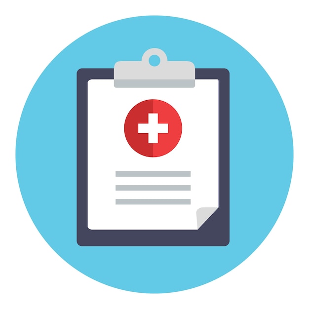Portapapeles de informe médico con datos e icono de vector de signo médico en círculo sobre fondo blanco
