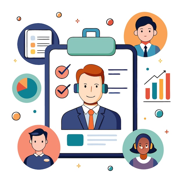 Un portapapeles con una lista de comprobación y un hombre con auriculares rodeado de avatares de otras personas que representan a un equipo de servicio al cliente