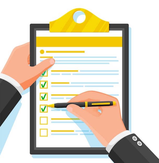 Portapapeles con lista de verificación y bolígrafo Lista de verificación del cuestionario para hacer lista Lista de tareas de la encuesta Tablero de clip azul con papel blanco y bolígrafo Papelería de oficina o concepto de papeleo Ilustración vectorial plana