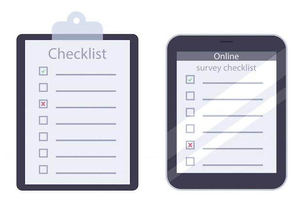 Portapapeles y lista de verificación de encuestas en línea con marca de verificación verde vector plano