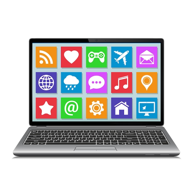 Vector portátil aislado sobre fondo blanco con iconos de aplicaciones en la pantalla