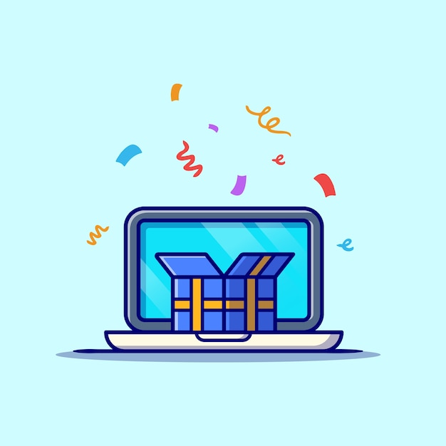 Portátil con caja de regalo ilustración de icono de dibujos animados. Concepto de icono de tecnología empresarial aislado. Estilo de dibujos animados plana