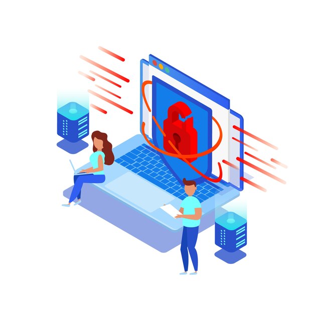 Portátil con un candado roto, las personas pequeñas intentan honrar una computadora. Ataque cibernético con piratería de datos personales, lanzamiento de un virus cibernético