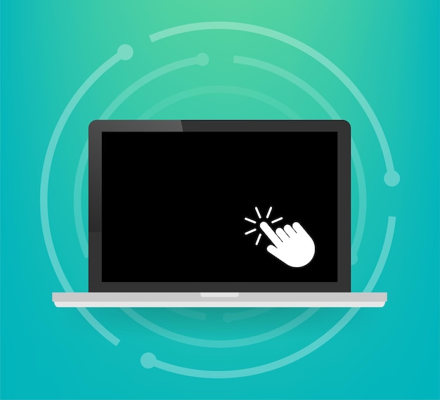 Portátil con cursor. Computadora o haga clic en la flecha de búsqueda para el sitio web. Ilustración de stock vectorial.