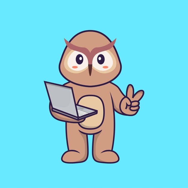 Portátil de explotación lindo búho. Concepto de dibujos animados de animales aislado.