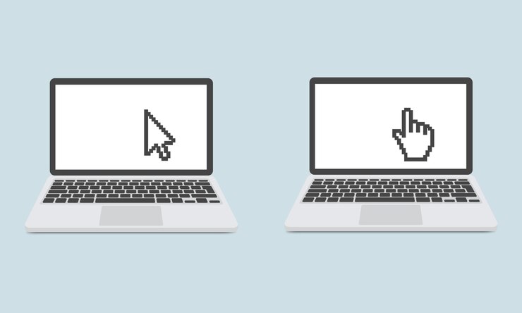 Vector portátil con icono de puntero o cursor aislado plantilla de pantalla de portátil