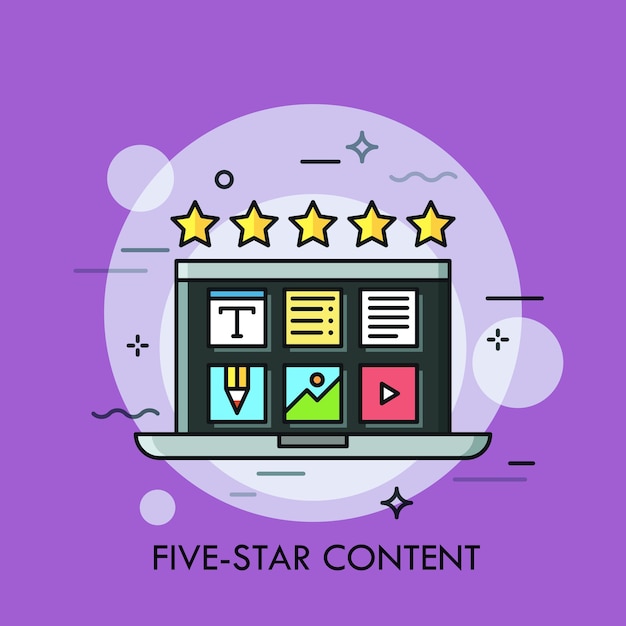 Portátil con iconos de aplicaciones de escritorio en pantalla y cinco estrellas doradas. Concepto de creación de contenido de alta calidad, revisión positiva, calificación en línea
