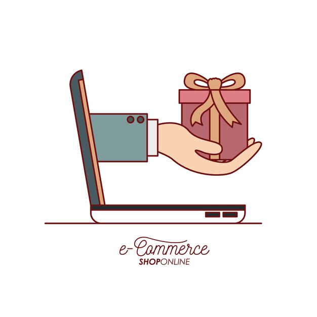 portátil con mano sosteniendo un regalo