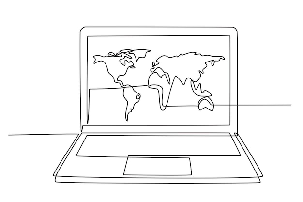 Portátil con mapa del mundo Concepto del mapa del mundo Dibujo en línea