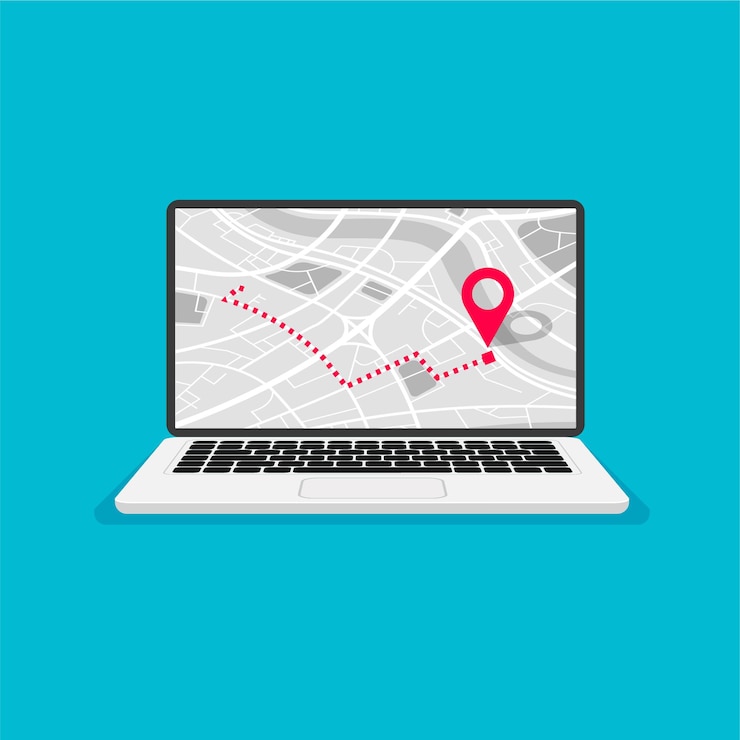 Vector portátil con mapa de navegación en una pantalla navegador gps con punta roja mapa de la ciudad con marcadores de puntos