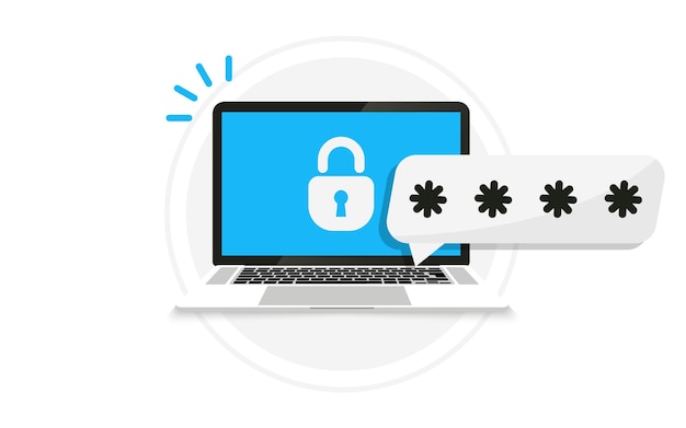 Portátil con notificación de contraseña e icono de candado. acceso seguro con contraseña en la computadora portátil para la página de destino, web, póster, pancarta, diseño, plantilla. olvidé el nombre de usuario y la contraseña de la cuenta. pc con candado y contraseña
