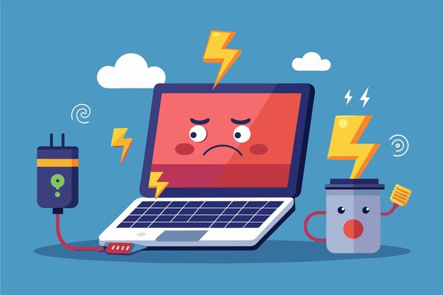 Un portátil que muestra una cara triste con una batería conectada a él problemas eléctricos de portátil Ilustración vectorial plana simple y minimalista