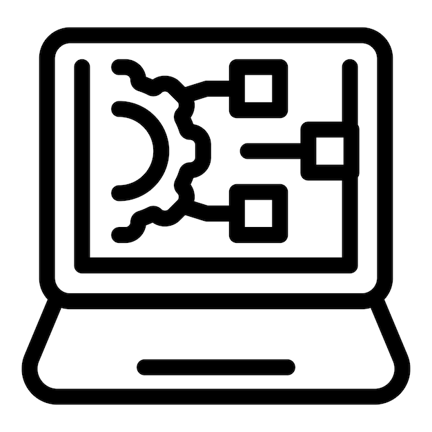 Portátil que muestra software de gestión de proyectos con diagrama de flujo e icono de engranaje