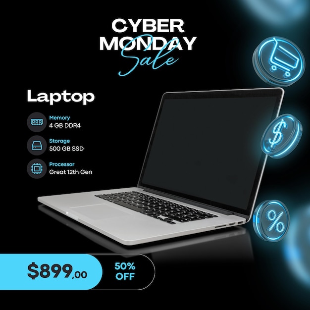 portátil que tiene la palabra Cyber Monday post-diseño de venta