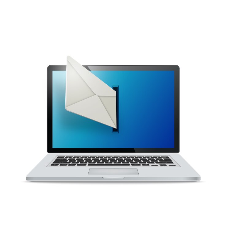 Vector portátil realista sobre fondo blanco. los correos electrónicos salen volando de la pantalla del portátil. el concepto de correo electrónico.