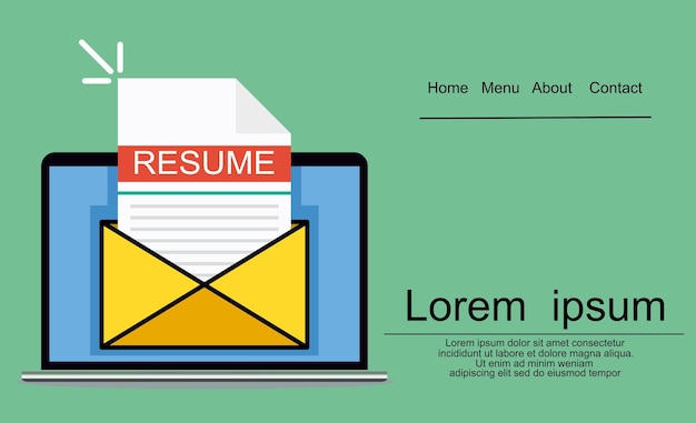 Portátil y sobre con carta de currículum. Correo electrónico con cv, formulario de solicitud de empleo.