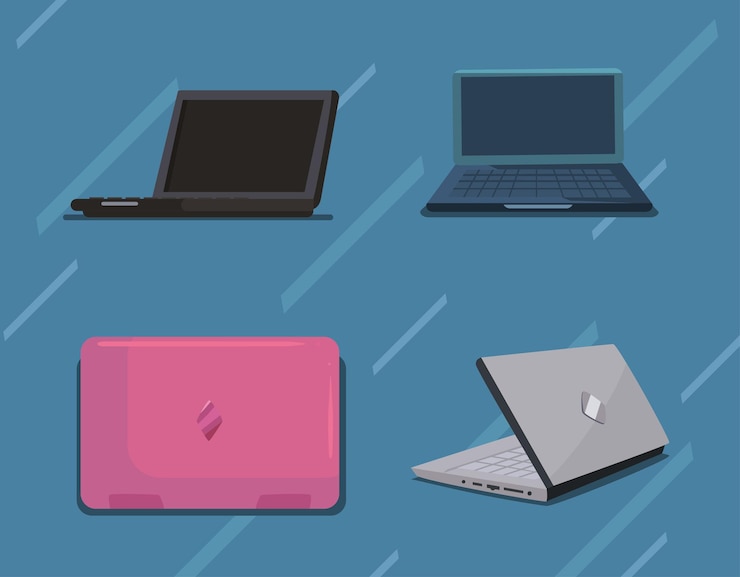 Vector portátiles digitales y de tecnología en fondo azul