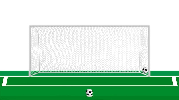 Vector portería de fútbol realista con red hexagonal y balón de fútbol en el punto de penalti deportes de equipo estilo de vida activo vector