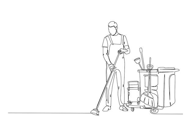 Portero con equipo de servicio de limpieza en dibujo continuo de una línea