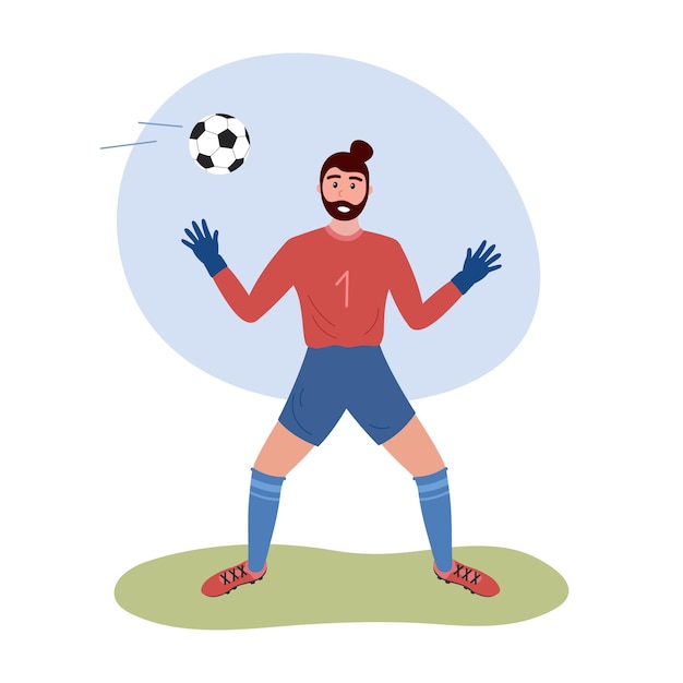 Portero de fútbol aislado jugador de portero de fútbol parado y atrapando pelota ilustración de vector plano de hombre profesional enfocado jugando al fútbol